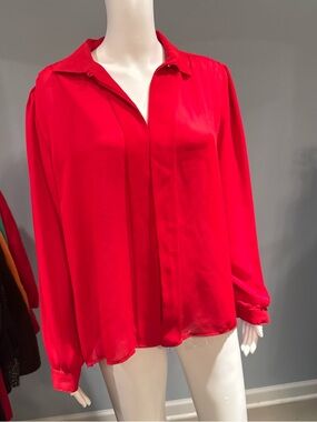 Red Women's Collared Long-Sleeve Blouse